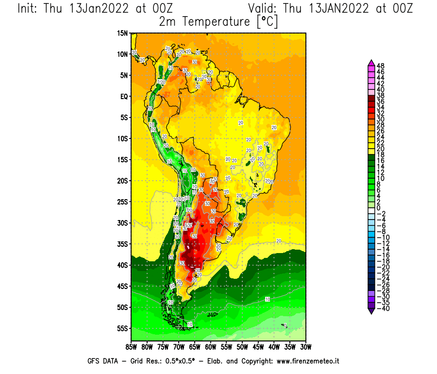 Mappa di analisi GFS - Temperatura a 2 metri dal suolo [°C] in Sud-America
							del 13/01/2022 00 <!--googleoff: index-->UTC<!--googleon: index-->