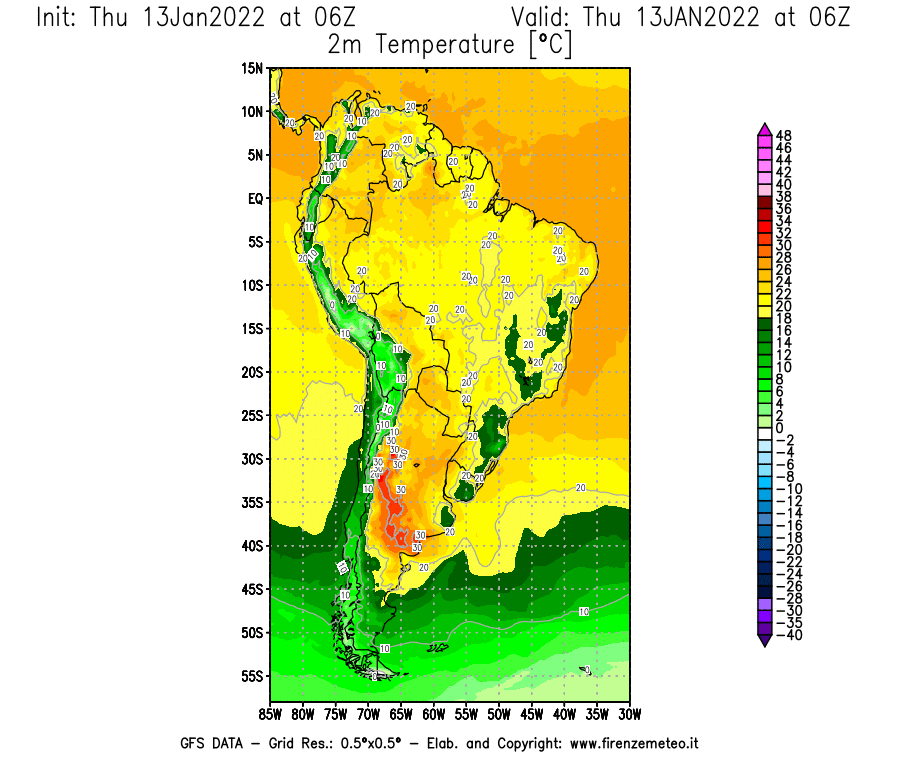 Mappa di analisi GFS - Temperatura a 2 metri dal suolo [°C] in Sud-America
							del 13/01/2022 06 <!--googleoff: index-->UTC<!--googleon: index-->