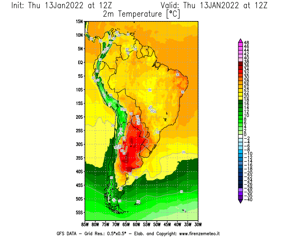Mappa di analisi GFS - Temperatura a 2 metri dal suolo [°C] in Sud-America
							del 13/01/2022 12 <!--googleoff: index-->UTC<!--googleon: index-->