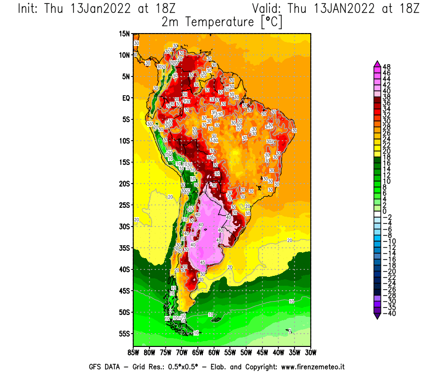 Mappa di analisi GFS - Temperatura a 2 metri dal suolo [°C] in Sud-America
							del 13/01/2022 18 <!--googleoff: index-->UTC<!--googleon: index-->