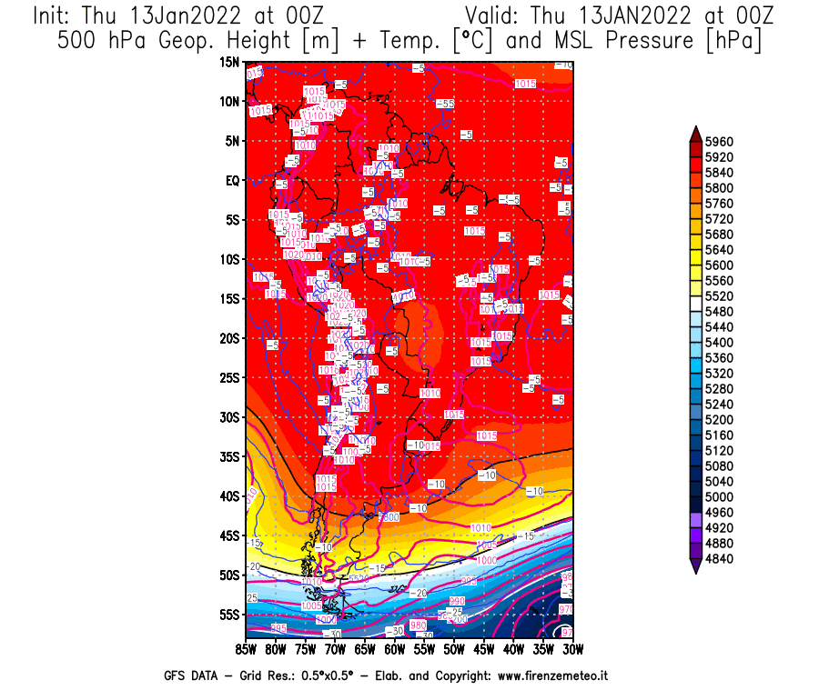 Mappa di analisi GFS - Geopotenziale [m] + Temp. [°C] a 500 hPa + Press. a livello del mare [hPa] in Sud-America
							del 13/01/2022 00 <!--googleoff: index-->UTC<!--googleon: index-->