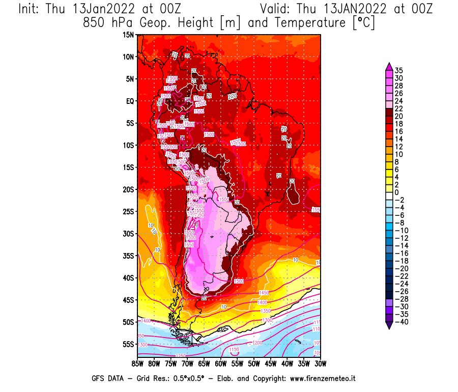 Mappa di analisi GFS - Geopotenziale [m] e Temperatura [°C] a 850 hPa in Sud-America
							del 13/01/2022 00 <!--googleoff: index-->UTC<!--googleon: index-->