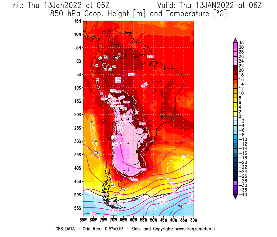 Mappa di analisi GFS - Geopotenziale [m] e Temperatura [°C] a 850 hPa in Sud-America
							del 13/01/2022 06 <!--googleoff: index-->UTC<!--googleon: index-->