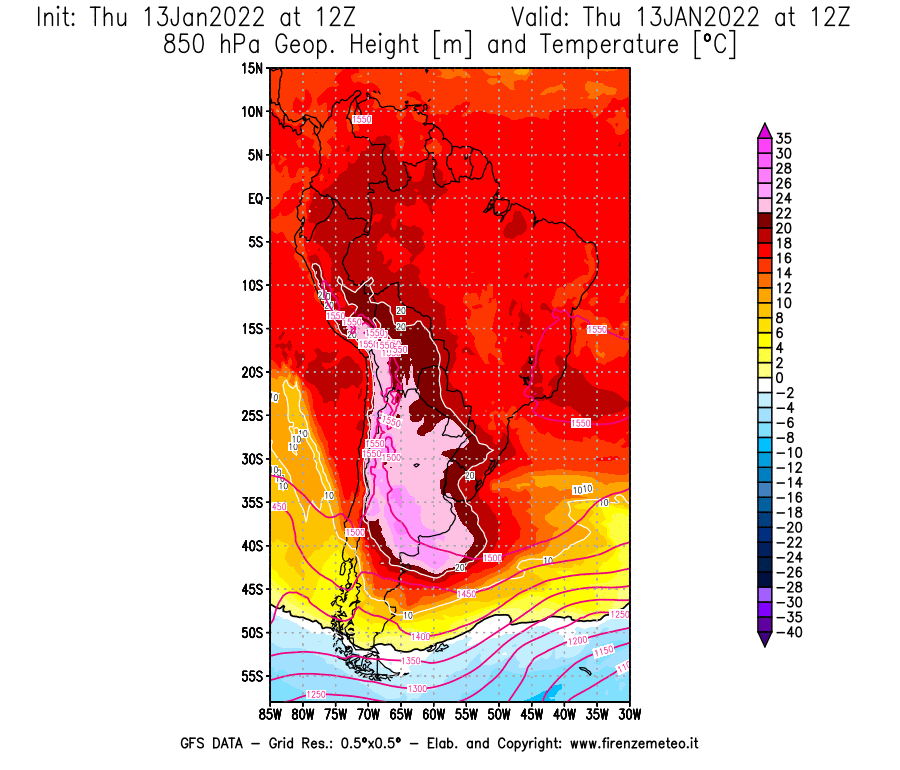 Mappa di analisi GFS - Geopotenziale [m] e Temperatura [°C] a 850 hPa in Sud-America
							del 13/01/2022 12 <!--googleoff: index-->UTC<!--googleon: index-->