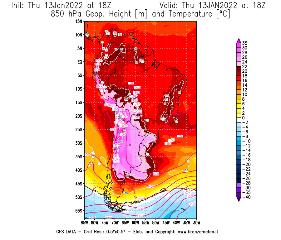 Mappa di analisi GFS - Geopotenziale [m] e Temperatura [°C] a 850 hPa in Sud-America
							del 13/01/2022 18 <!--googleoff: index-->UTC<!--googleon: index-->