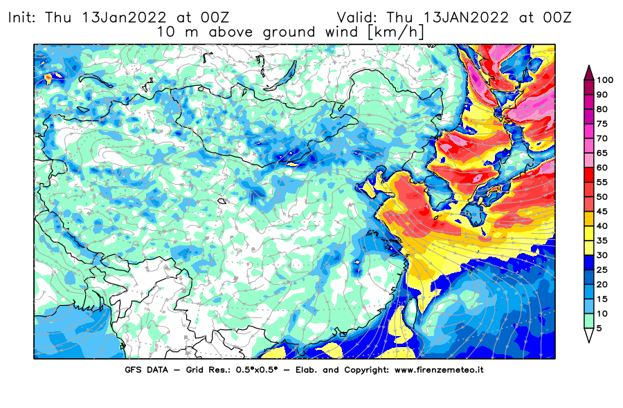Mappa di analisi GFS - Velocità del vento a 10 metri dal suolo [km/h] in Asia Orientale
							del 13/01/2022 00 <!--googleoff: index-->UTC<!--googleon: index-->