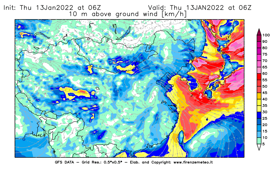 Mappa di analisi GFS - Velocità del vento a 10 metri dal suolo [km/h] in Asia Orientale
							del 13/01/2022 06 <!--googleoff: index-->UTC<!--googleon: index-->