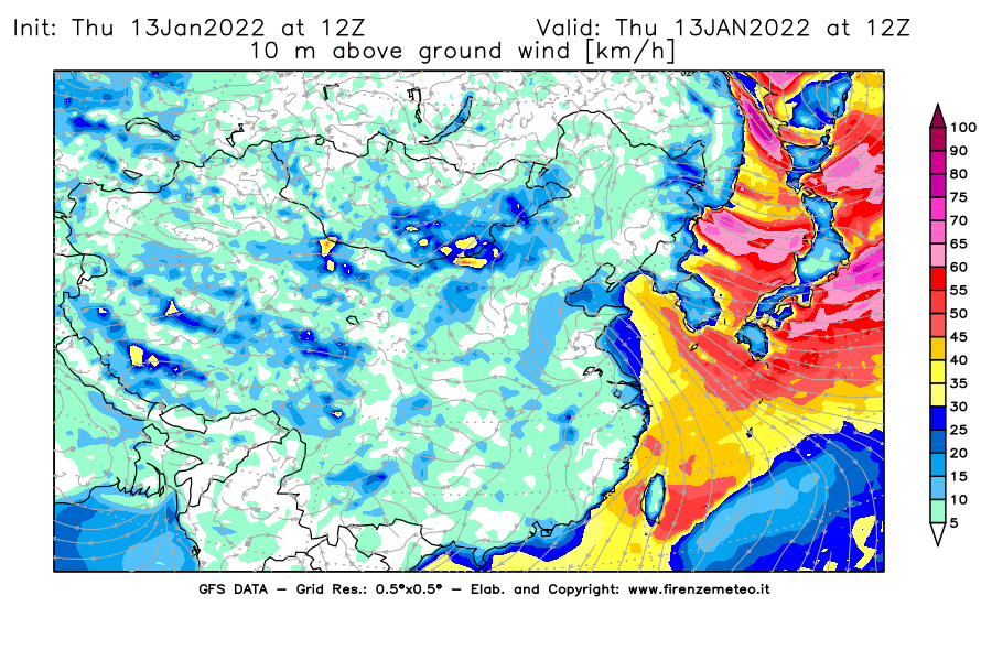 Mappa di analisi GFS - Velocità del vento a 10 metri dal suolo [km/h] in Asia Orientale
							del 13/01/2022 12 <!--googleoff: index-->UTC<!--googleon: index-->