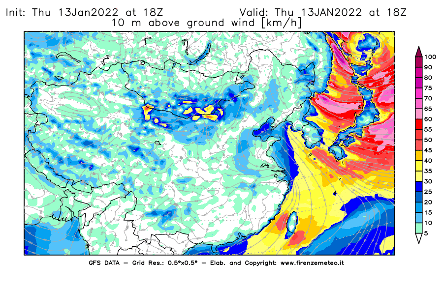 Mappa di analisi GFS - Velocità del vento a 10 metri dal suolo [km/h] in Asia Orientale
							del 13/01/2022 18 <!--googleoff: index-->UTC<!--googleon: index-->