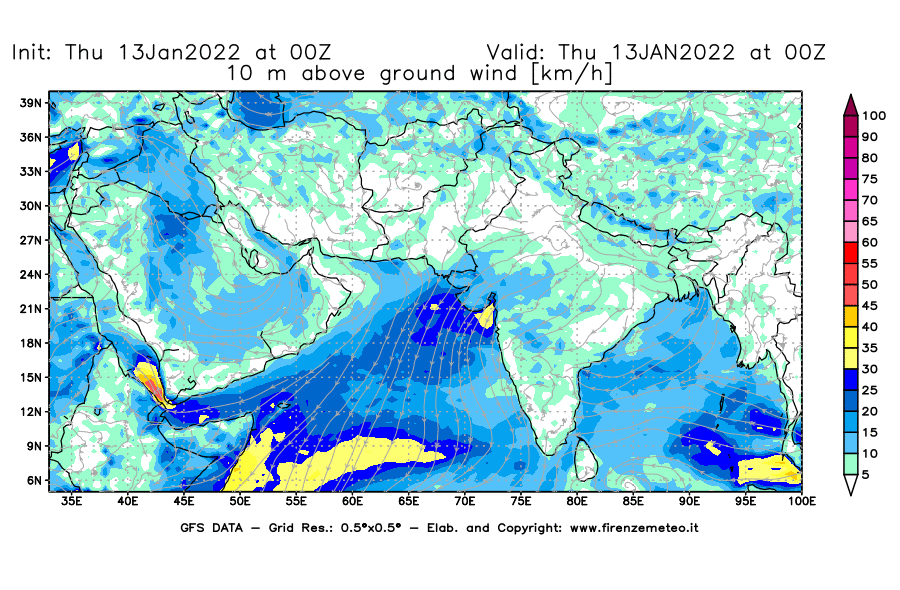 Mappa di analisi GFS - Velocità del vento a 10 metri dal suolo [km/h] in Asia Sud-Occidentale
							del 13/01/2022 00 <!--googleoff: index-->UTC<!--googleon: index-->