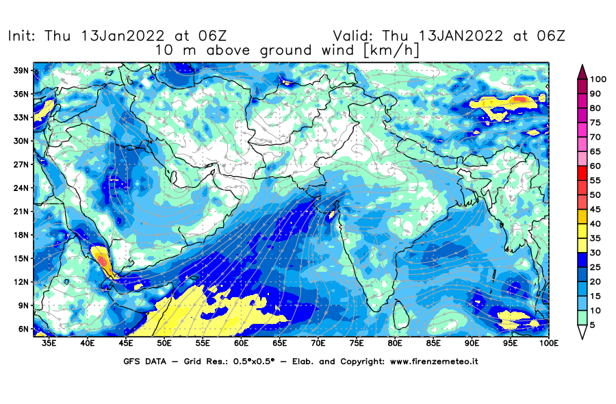 Mappa di analisi GFS - Velocità del vento a 10 metri dal suolo [km/h] in Asia Sud-Occidentale
							del 13/01/2022 06 <!--googleoff: index-->UTC<!--googleon: index-->