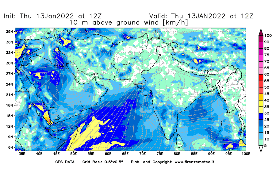 Mappa di analisi GFS - Velocità del vento a 10 metri dal suolo [km/h] in Asia Sud-Occidentale
							del 13/01/2022 12 <!--googleoff: index-->UTC<!--googleon: index-->