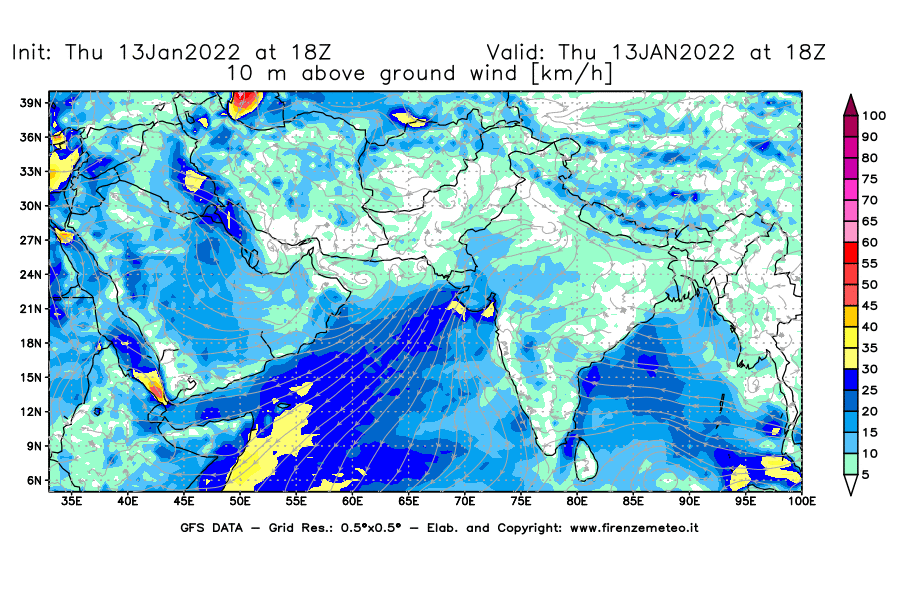 Mappa di analisi GFS - Velocità del vento a 10 metri dal suolo [km/h] in Asia Sud-Occidentale
							del 13/01/2022 18 <!--googleoff: index-->UTC<!--googleon: index-->