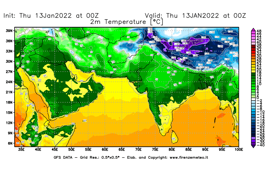 Mappa di analisi GFS - Temperatura a 2 metri dal suolo [°C] in Asia Sud-Occidentale
							del 13/01/2022 00 <!--googleoff: index-->UTC<!--googleon: index-->