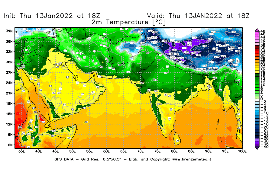 Mappa di analisi GFS - Temperatura a 2 metri dal suolo [°C] in Asia Sud-Occidentale
							del 13/01/2022 18 <!--googleoff: index-->UTC<!--googleon: index-->
