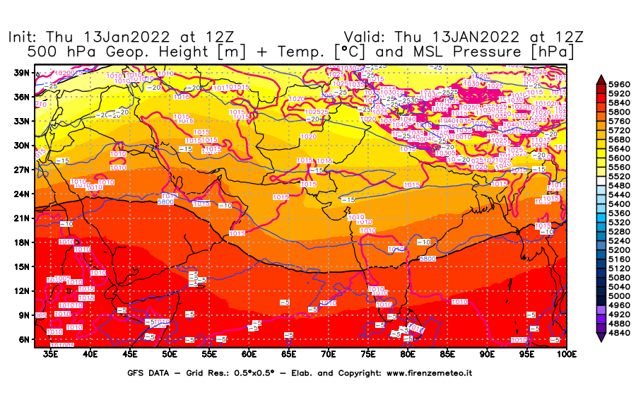 Mappa di analisi GFS - Geopotenziale [m] + Temp. [°C] a 500 hPa + Press. a livello del mare [hPa] in Asia Sud-Occidentale
							del 13/01/2022 12 <!--googleoff: index-->UTC<!--googleon: index-->
