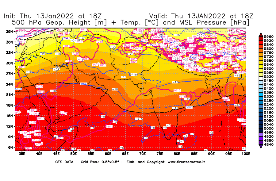 Mappa di analisi GFS - Geopotenziale [m] + Temp. [°C] a 500 hPa + Press. a livello del mare [hPa] in Asia Sud-Occidentale
							del 13/01/2022 18 <!--googleoff: index-->UTC<!--googleon: index-->