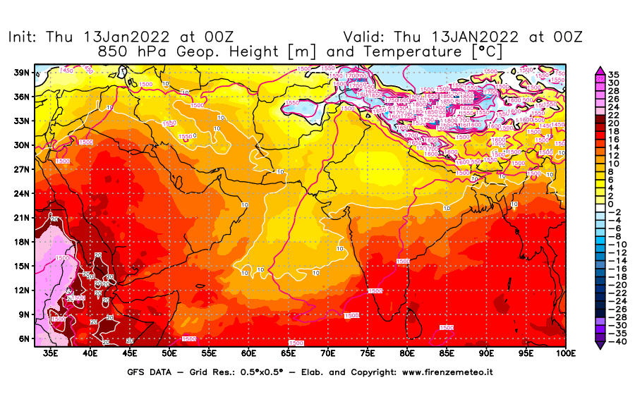 Mappa di analisi GFS - Geopotenziale [m] e Temperatura [°C] a 850 hPa in Asia Sud-Occidentale
							del 13/01/2022 00 <!--googleoff: index-->UTC<!--googleon: index-->