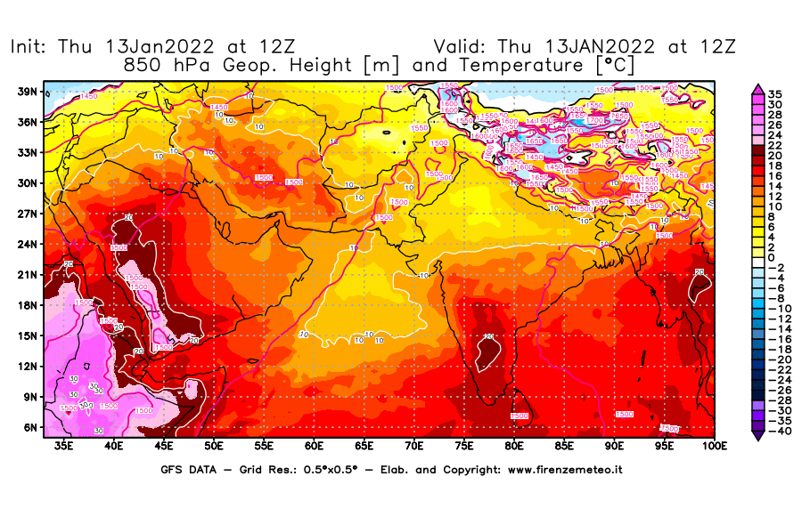 Mappa di analisi GFS - Geopotenziale [m] e Temperatura [°C] a 850 hPa in Asia Sud-Occidentale
							del 13/01/2022 12 <!--googleoff: index-->UTC<!--googleon: index-->