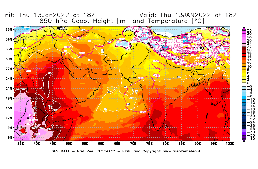 Mappa di analisi GFS - Geopotenziale [m] e Temperatura [°C] a 850 hPa in Asia Sud-Occidentale
							del 13/01/2022 18 <!--googleoff: index-->UTC<!--googleon: index-->