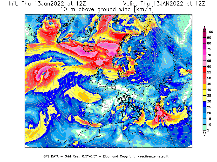 Mappa di analisi GFS - Velocità del vento a 10 metri dal suolo [km/h] in Europa
							del 13/01/2022 12 <!--googleoff: index-->UTC<!--googleon: index-->