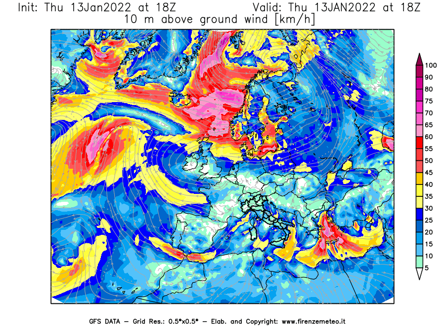 Mappa di analisi GFS - Velocità del vento a 10 metri dal suolo [km/h] in Europa
							del 13/01/2022 18 <!--googleoff: index-->UTC<!--googleon: index-->