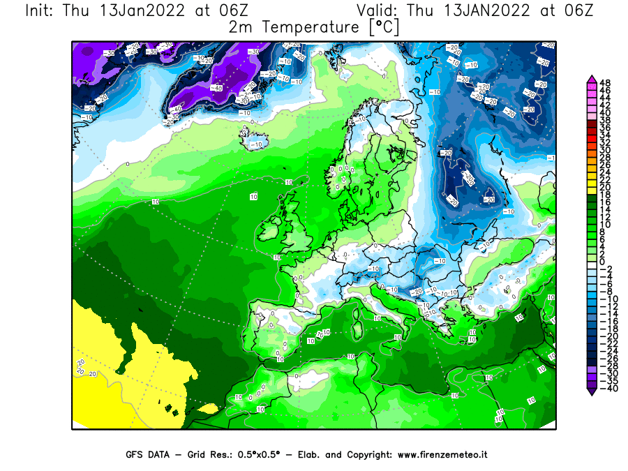 Mappa di analisi GFS - Temperatura a 2 metri dal suolo [°C] in Europa
							del 13/01/2022 06 <!--googleoff: index-->UTC<!--googleon: index-->