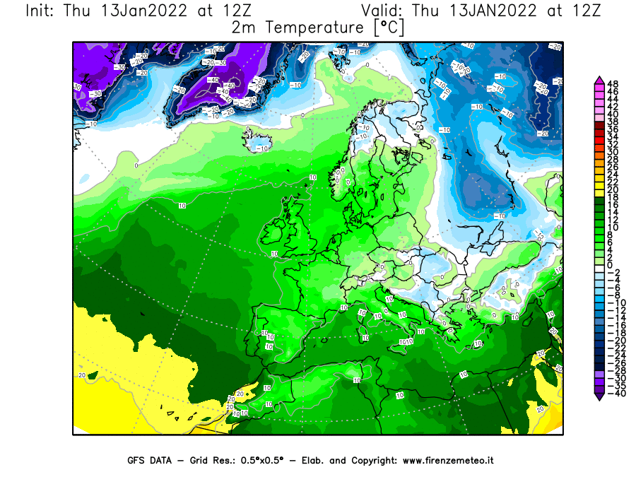 Mappa di analisi GFS - Temperatura a 2 metri dal suolo [°C] in Europa
							del 13/01/2022 12 <!--googleoff: index-->UTC<!--googleon: index-->