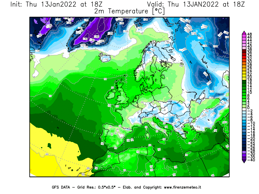 Mappa di analisi GFS - Temperatura a 2 metri dal suolo [°C] in Europa
							del 13/01/2022 18 <!--googleoff: index-->UTC<!--googleon: index-->