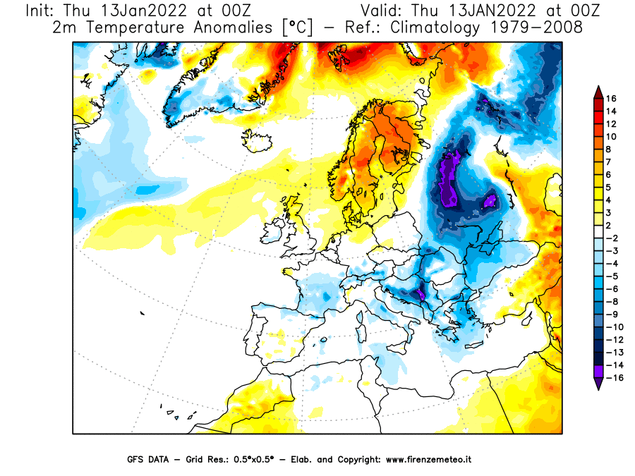 Mappa di analisi GFS - Anomalia Temperatura [°C] a 2 m in Europa
							del 13/01/2022 00 <!--googleoff: index-->UTC<!--googleon: index-->