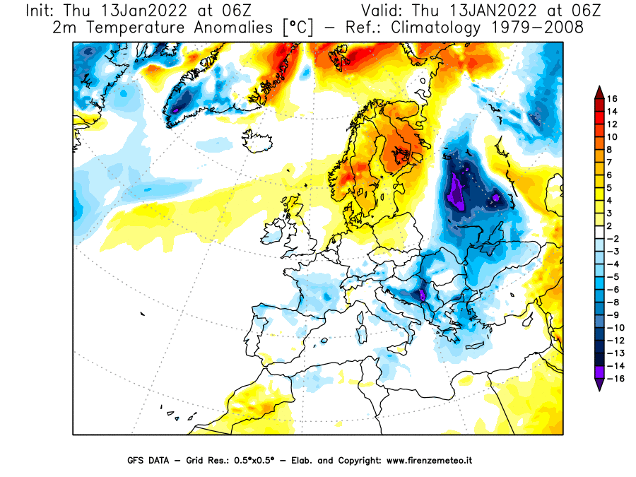 Mappa di analisi GFS - Anomalia Temperatura [°C] a 2 m in Europa
							del 13/01/2022 06 <!--googleoff: index-->UTC<!--googleon: index-->