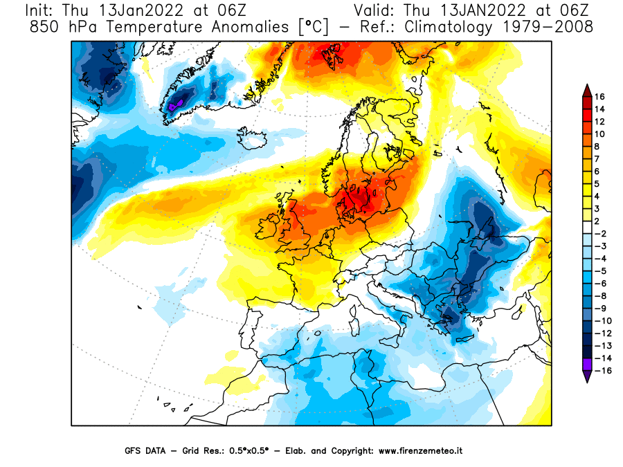 Mappa di analisi GFS - Anomalia Temperatura [°C] a 850 hPa in Europa
							del 13/01/2022 06 <!--googleoff: index-->UTC<!--googleon: index-->