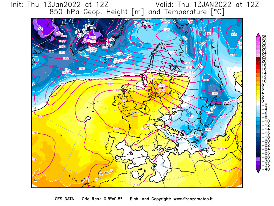 Mappa di analisi GFS - Geopotenziale [m] e Temperatura [°C] a 850 hPa in Europa
							del 13/01/2022 12 <!--googleoff: index-->UTC<!--googleon: index-->