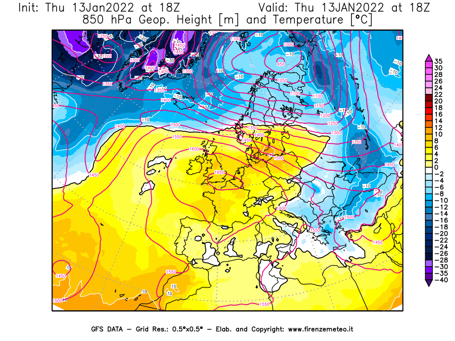 Mappa di analisi GFS - Geopotenziale [m] e Temperatura [°C] a 850 hPa in Europa
							del 13/01/2022 18 <!--googleoff: index-->UTC<!--googleon: index-->