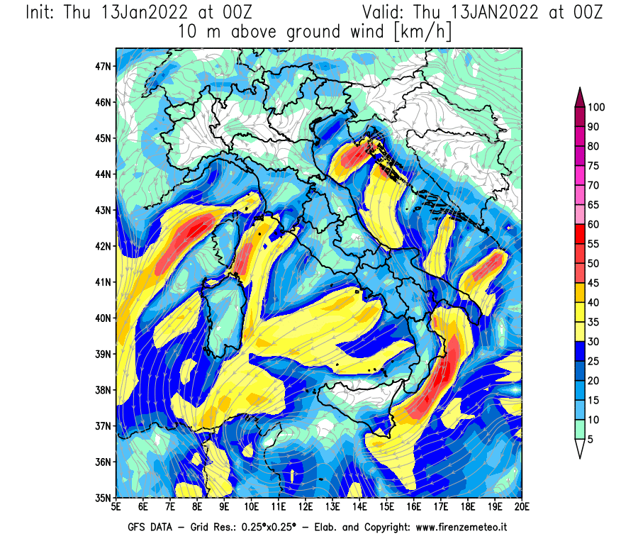 Mappa di analisi GFS - Velocità del vento a 10 metri dal suolo [km/h] in Italia
							del 13/01/2022 00 <!--googleoff: index-->UTC<!--googleon: index-->