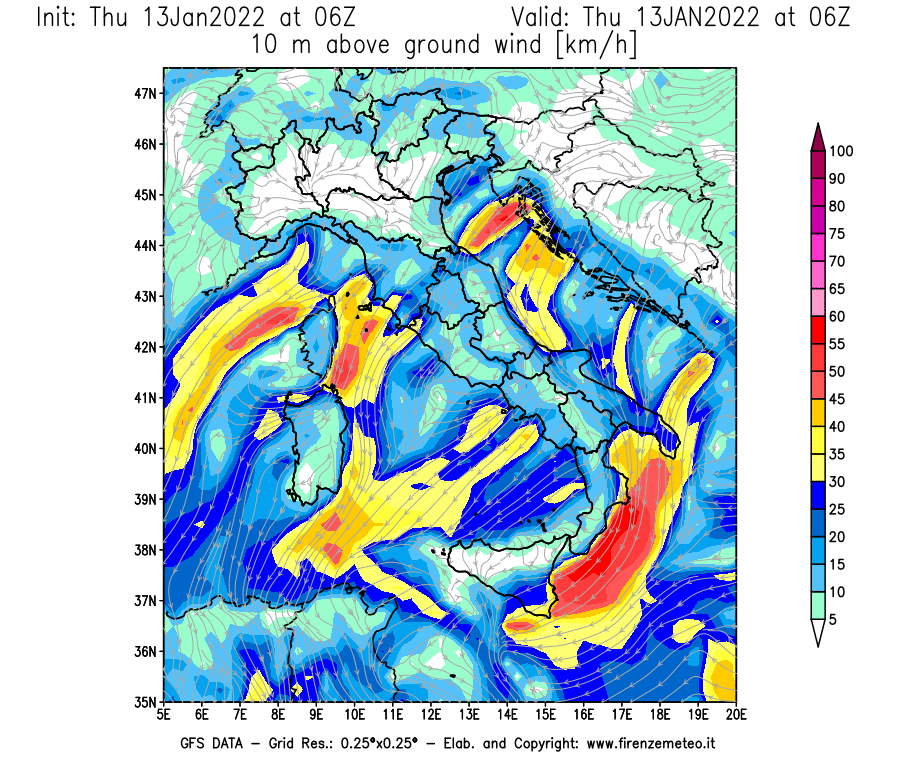 Mappa di analisi GFS - Velocità del vento a 10 metri dal suolo [km/h] in Italia
							del 13/01/2022 06 <!--googleoff: index-->UTC<!--googleon: index-->