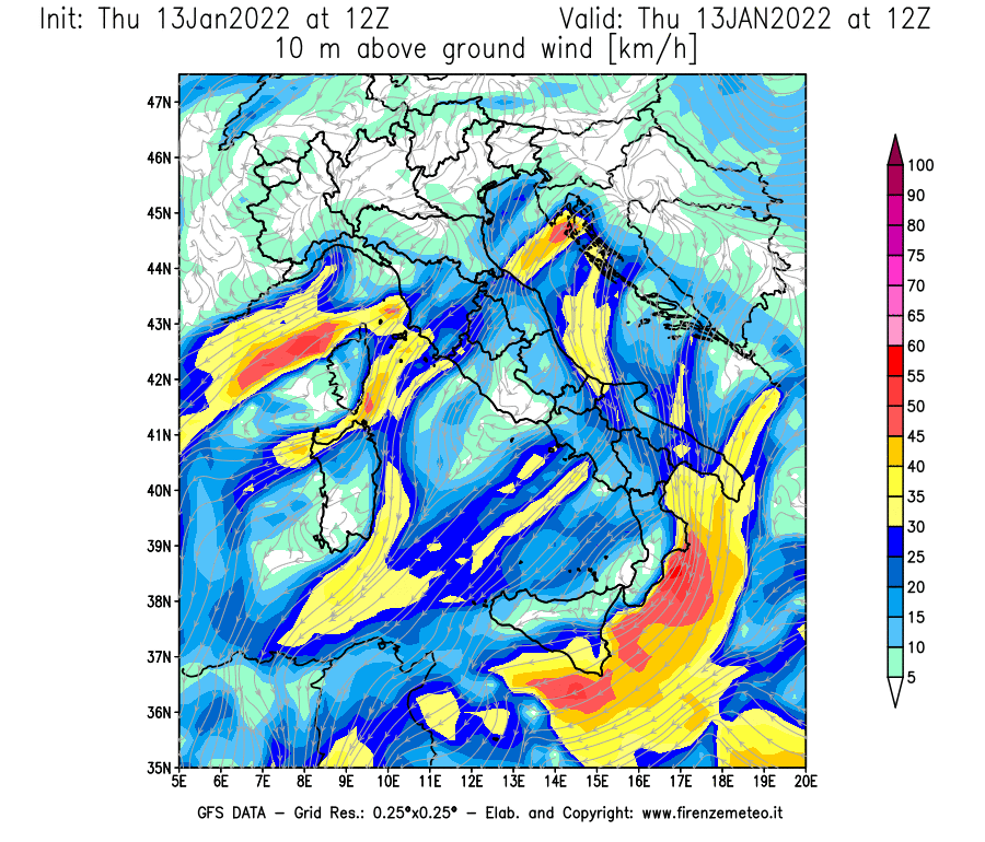 Mappa di analisi GFS - Velocità del vento a 10 metri dal suolo [km/h] in Italia
							del 13/01/2022 12 <!--googleoff: index-->UTC<!--googleon: index-->