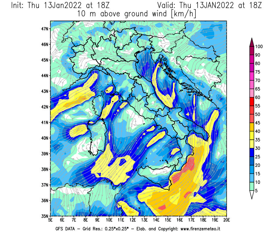 Mappa di analisi GFS - Velocità del vento a 10 metri dal suolo [km/h] in Italia
							del 13/01/2022 18 <!--googleoff: index-->UTC<!--googleon: index-->