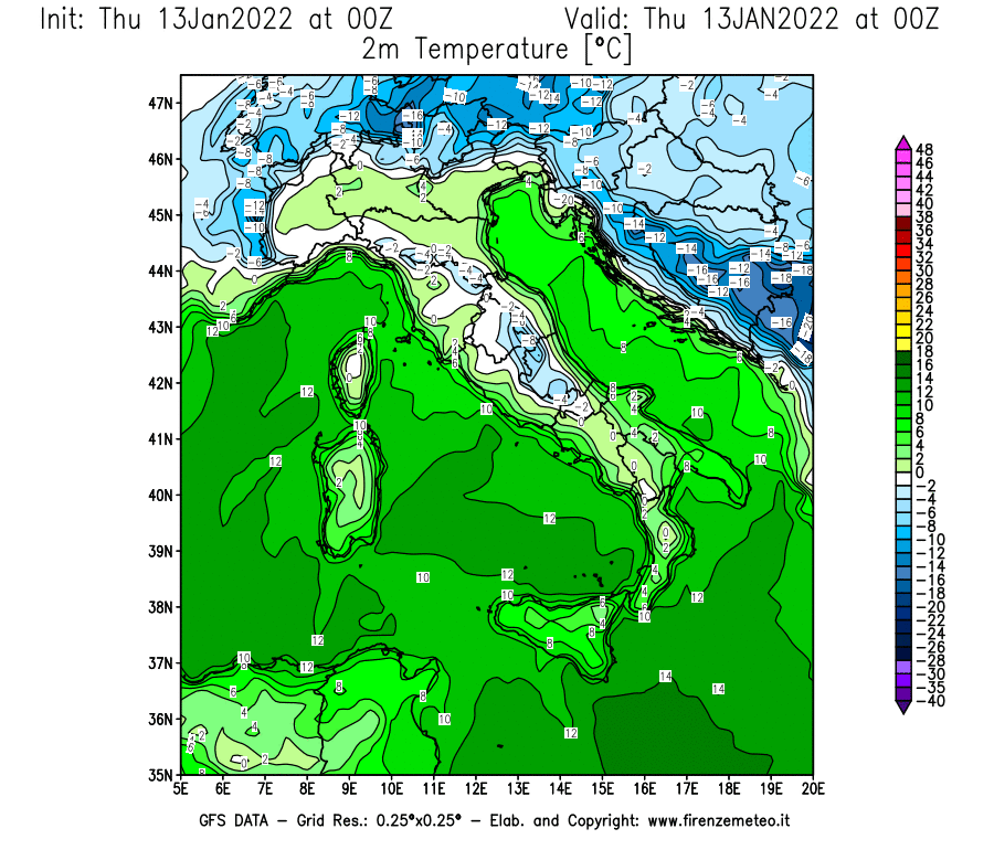 Mappa di analisi GFS - Temperatura a 2 metri dal suolo [°C] in Italia
							del 13/01/2022 00 <!--googleoff: index-->UTC<!--googleon: index-->