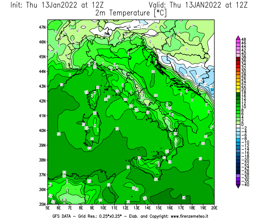 Mappa di analisi GFS - Temperatura a 2 metri dal suolo [°C] in Italia
							del 13/01/2022 12 <!--googleoff: index-->UTC<!--googleon: index-->