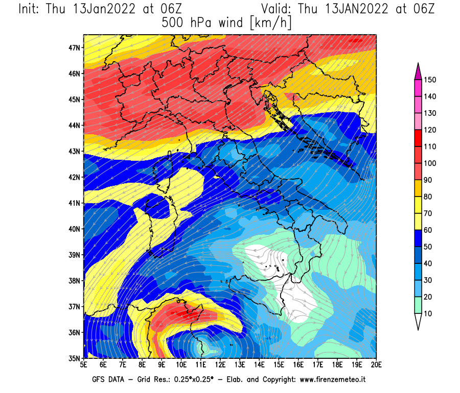 Mappa di analisi GFS - Velocità del vento a 500 hPa [km/h] in Italia
							del 13/01/2022 06 <!--googleoff: index-->UTC<!--googleon: index-->