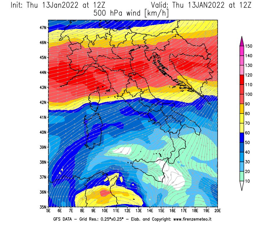 Mappa di analisi GFS - Velocità del vento a 500 hPa [km/h] in Italia
							del 13/01/2022 12 <!--googleoff: index-->UTC<!--googleon: index-->