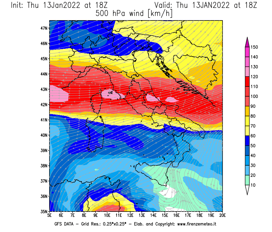 Mappa di analisi GFS - Velocità del vento a 500 hPa [km/h] in Italia
							del 13/01/2022 18 <!--googleoff: index-->UTC<!--googleon: index-->
