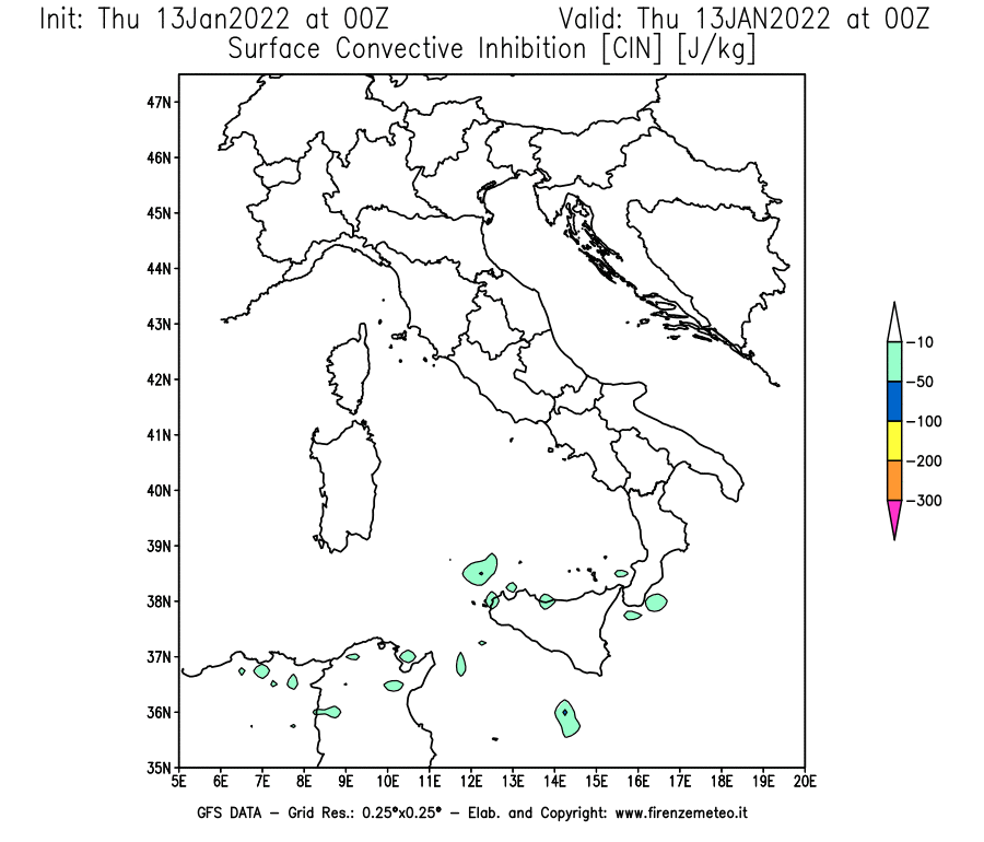 Mappa di analisi GFS - CIN [J/kg] in Italia
							del 13/01/2022 00 <!--googleoff: index-->UTC<!--googleon: index-->