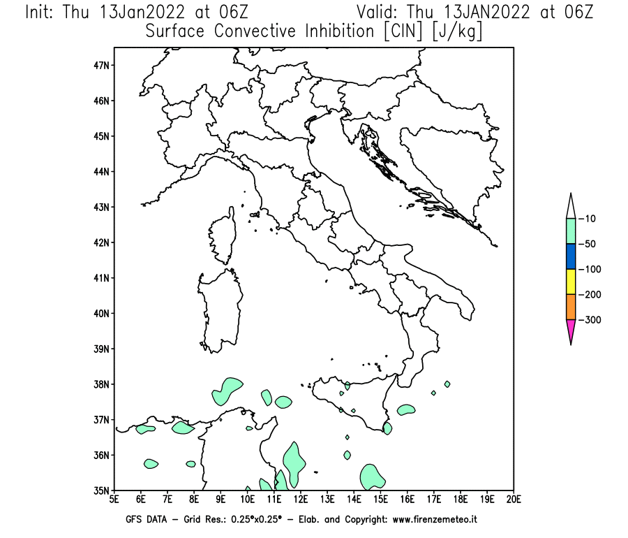 Mappa di analisi GFS - CIN [J/kg] in Italia
							del 13/01/2022 06 <!--googleoff: index-->UTC<!--googleon: index-->