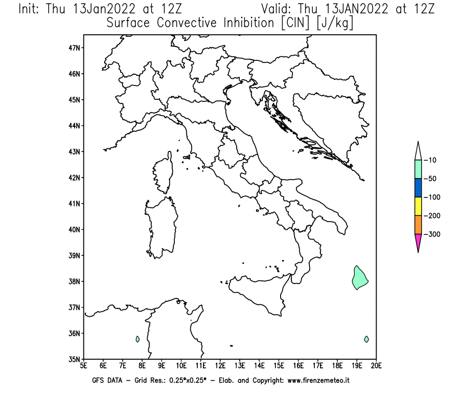 Mappa di analisi GFS - CIN [J/kg] in Italia
							del 13/01/2022 12 <!--googleoff: index-->UTC<!--googleon: index-->