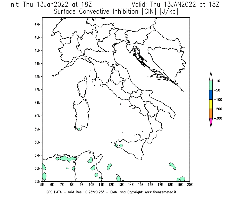 Mappa di analisi GFS - CIN [J/kg] in Italia
							del 13/01/2022 18 <!--googleoff: index-->UTC<!--googleon: index-->