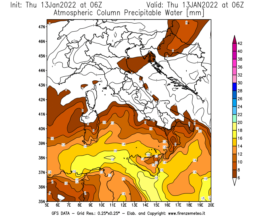 Mappa di analisi GFS - Precipitable Water [mm] in Italia
							del 13/01/2022 06 <!--googleoff: index-->UTC<!--googleon: index-->