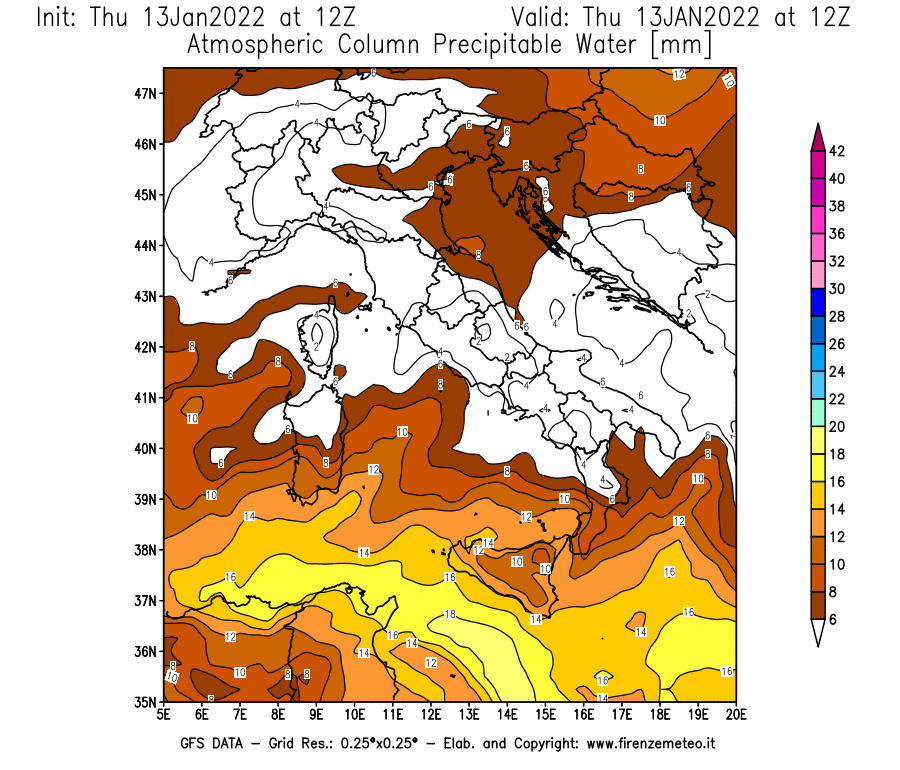 Mappa di analisi GFS - Precipitable Water [mm] in Italia
							del 13/01/2022 12 <!--googleoff: index-->UTC<!--googleon: index-->