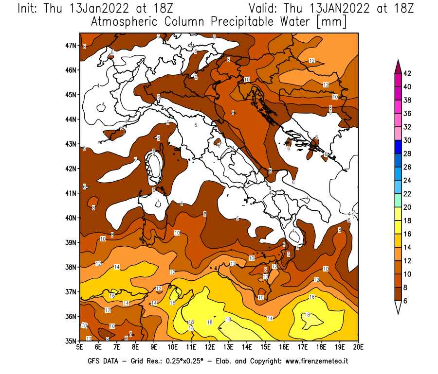 Mappa di analisi GFS - Precipitable Water [mm] in Italia
							del 13/01/2022 18 <!--googleoff: index-->UTC<!--googleon: index-->